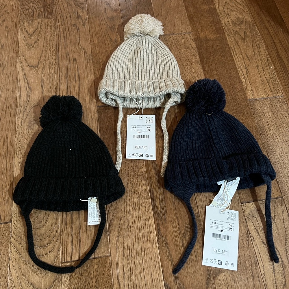 NWT Zara Baby Toddler Pom-Pom Knit Hat Bundle (3) - Black, Beige, and Navy - Picture 1 of 8